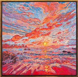 Created with a limited palette to accentuate the colors of sunset, this painting of the Monterey peninsula combines the pigments of cadmium red and phthalo blue to create a delicate dance of color across the canvas. Thick brush strokes add a sense of movement and rhythm, keeping the eye moving through the painting.

"Color Reflections" is an original oil painting on stretched canvas, framed in a gold floating frame.