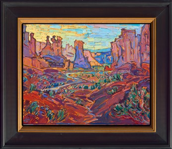 Arches National Park is painted in the beautiful hues of the desert at sunrise: buttery oranges against rich purples and turquoise. The brush strokes in this painting are loose and expressive, capturing the beauty of nature with separated brush strokes that accentuate the light of the desert.

