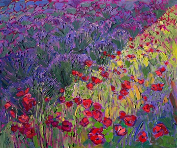 Vivid cultivated color bursts from this canvas in this painting of lavender and poppy fields in Sequim, Washington.  The majestic purples of the lavender contrast beautifully with the vivid reds.  The brush strokes in this painting are loose and impressionistic, full of life and movement.

This painting was created on 3/4" canvas. It has been framed in a classic hardwood frame and arrives ready to hang.