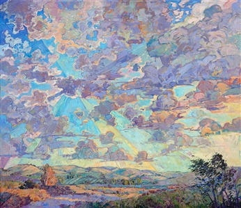 A dramatic summer sky bursts with color above the idyllic rolling hills of Paso Robles.  The softly rounded hillsides are dotted with oaks, while a eucalyptus grove catches the warm afternoon light.  The impressionistic, expressive brush strokes are thickly applied and add a sense of movement to the painting.

This large oil painting was done on 1-1/2" canvas, with the painting continued around the edges of the canvas.  The piece has been framed in a wide gold floater frame for a classic-contemporary look.