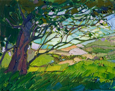 This miniature has all the elements of a perfect expressionist oil painting, the mosaic quality of light, rolling hills, and overhanging oak tree all come together in a charming minute composition. Each brush stroke is free and expressive, a spontaneous stroke of motion and color.

This paintings arrives beautifully framed and ready to hang.