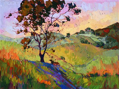 A warm California wind pushes through this wisp of a tree, nestled among the rolling hills of Paso Robles' wine country. the brush strokes in this painting are loose and impressionistic, full of life and movement.