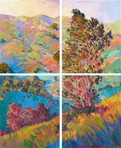 Four canvases combine to create a stunning impression of central California's wine country landscape. The colors and abstract shapes move together to communicate the motion and freshness of the wide outdoors.

This painting was created on four museum-depth canvases, with the painting continued around the edges of each stretched canvas. This painting was designed to hang without a frame, with the canvases evenly spaced 1-3 inches apart. 

"Hills in Quadtych" was an Artavita first place contest winner and was featured in the World Wide Art Los Angeles convention in 2014. 