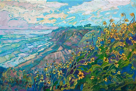 A flurry of yellow wildflowers dances high above Black's Beach, in Torrey Pines, San Diego. The steep coastal cliffs curve and meander into the distance, while the breaking waves reflect the soft afternoon colors of the sky above. The brushstrokes are painterly and impressionistic, capturing this fleeting moment of beauty upon the canvas.

"Torrey Blooms" was created on 1-1/2" canvas, with the painting continued around the edges. The piece arrives framed in a simple gold floater frame.