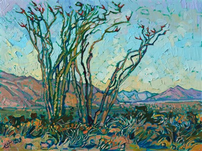 Traveling to the high desert of Borrego Springs is an amazing experience, especially seeing the colors of the desert change with the season. This painting captures the blanket of bright green that covers the desert floor in the spring. The brush strokes are loose and impressionistic, bringing the beauty of the wide outdoors on to a petite canvas.

This painting was created on linen board, and it arrives ready to hang in a custom-made frame.