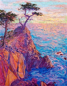 The Lone Cypress in Carmel catches the pink glow of sunset, while the swirling waters below dance with color. The abstract shapes of the rocky cliffs turn hues of buttery sherbet as the last rays of light sink below the horizon. The brush strokes in this painting are thick and impressionistic, capturing the feeling of being out of doors.