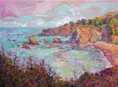 Early morning light illuminates the rocky cliffs of Mendocino, casting a warm sherbet glow across the landscape.  The fog had just lifted, and the cooler shadows of viridian and lavender still hang over the distant waters.  The brush strokes in this painting are loose and impressionsitic, capturing the feeling of being outdoors.

This painting was done on 1-1/2" canvas, with the painting continued around the edges.  The piece has been framed in a hand-carved and gilded floating frame.
