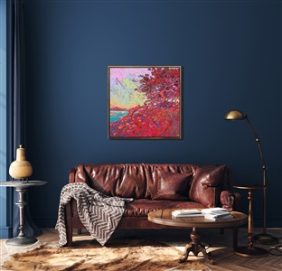 Twisted cypress trees of Monterey hues catch the fading light of day, turning colorful hues of cadmium and burgundy wine. The sky glows green for a moment before the sun sets, turning the scene into a medley of contrasting color and texture.

"Coastal in Red" is an original oil painting on stretched canvas, framed in a gold floating frame. The piece will be displayed at Erin Hanson's solo museum show <i><a href="https://www.erinhanson.com/Event/AlchemistofColor" target="_blank">Erin Hanson: Alchemist of Color</i></a> at the Channel Islands Maritime Museum in Oxnard, California. You may purchase this painting now, but the piece will not be delivered until after the show ends on December 28th, 2023.