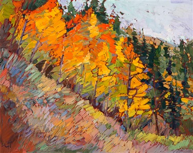 Aspen trees are alive with light and color in this original oil painting.  Landscapes like this are best portrayed in a loose, impressionistic brush stroke, the painterly strokes almost careless in their freedom and beauty.  The painting exudes joy in the essence of color.

This painting was created over 24 karat gold leaf, applied directly to the canvas as an "underpainting."  The thin sheets of genuine gold gleam with subtle light from between the brush strokes, catching the eye and making the painting seem to glow from within.  This style of painting is almost a Gustav Klimt meets Van Gogh.

Like all the <a href="https://www.erinhanson.com/Portfolio?col=24_Karat_Collection">24 Karat Collection</a> paintings, this piece was painted on 3/4" canvas and arrives framed in a classic gilded frame, ready to hang.  

<a href="https://www.erinhanson.com/Blog?p=behind-the-art-woods-of-gold-by-erin-hanson">Read more about this painting here!</a>

Exhibited: St George Art Museum, Utah, in a solo exhibition celebrating the National Park's centennial: <i><a href="https://www.erinhanson.com/Event/ErinHansonMuseumShow2016" target="_blank">Erin Hanson's Painted Parks</a></i>, 2016.