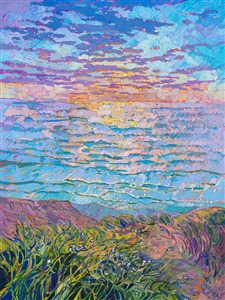 Inspired by Torrey Pines State Park, this painting of San Diego's local coastline captures the radiant beauty of a sunset in spring.  The impressionistic brush strokes are loose and expressive, conveying a sense of movement while still remaining peaceful and contemplative.

This painting has been framed in a floater frame edged with sterling silver, and it arrives ready to hang.
