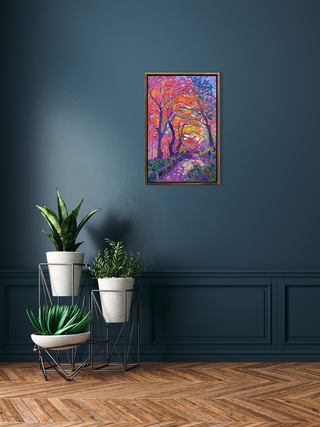 Rainbow hues of autumn blaze like the colors of sunset in this oil ...
