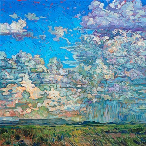 A dramatic Texan cloudscape floats over the low buttes of Big Bend Country. The grass-filled flatlands are lush in the springtime, and the distant buttes are cast in varying shades of blue and turquoise. The brush strokes in this painting are loose and impressionistic, creating a mosaic of color and texture across the canvas.

This painting will be on display at the Museum of the Big Bend, during the solo exhibition <i><a href="https://www.erinhanson.com/Event/MuseumoftheBigBend" target="_blank">Erin Hanson: Impressions of Big Bend Country.</a></i> This painting will be ready to ship after January 10th, 2019. <a href="https://www.erinhanson.com/Portfolio?col=Big_Bend_Museum_Show_2018">Click here</a> to view the collection.

This painting has been framed in a custom-made gold frame. The painting arrives ready to hang.