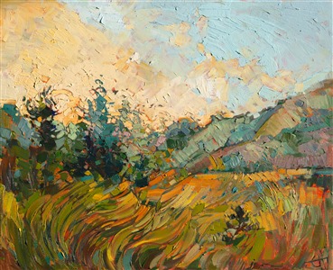Waves of golden summer grasses layer this painting of a Northwestern landscape.  The brilliant sky is filled with movement, life and color.

This original oil painting was created over an application of 24 karat gold leaf. The genuine gold glints through the layers of oil paint, catching the light in a subtle and surprising manner, and bringing the oil painting to life like never before.

The painting was created on 3/4" canvas and comes framed in a gilded, 6"-deep, museum-quality frame. Additional photos are available upon request.