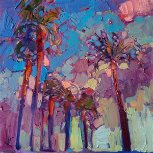 Palm Desert palms stretch into a sunset sky in this small original oil painting.  The brush strokes are loose and impressionistic, creating a mosaic of color and texture across the canvas.

This painting was created on 3/4"-deep canvas. It has been framed in a beautiful classic frame and arrives wired and ready to hang.