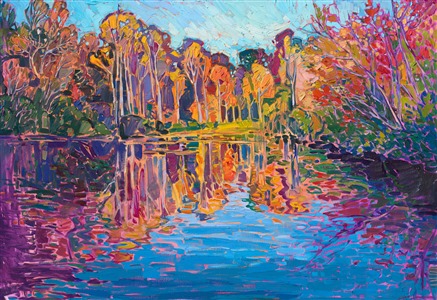 A small trout lake nestled in the Blue Ridge Mountains catches rays of early morning light on the surrounding trees. In the early morning, the water's surface is calm and serene, before the daily winds have disturbed the peaceful reflections.

"Autumn Reflections" is an original oil painting by Erin Hanson, created on stretched canvas. The piece arrives framed in a contemporary gold floater frame, ready to hang.