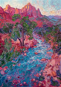 About the painting:
The Virgin River pours through Zion National Park, its cool waters a contrast to the red rock cliffs and rocky valley floor. This impressionist painting captures the sunset light seen from the bridge overlook near the Zion Human History Museum. 

"River Zion" was created on gallery-depth canvas, with the painting continued around the edges. The piece arrives framed in a contemporary gold floater frame.