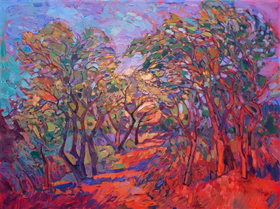 Warm hues melt together with cool background colors in this landscape painting.  This painting is a classic example of Open Impressionism, Hanson's signature style.  The paint strokes are cleanly applied, without muddying the colors, and the naturally thick texture of the oil paint adds a new dimension to the painting.