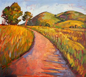 Bright gold summer grass from Paso Robles, captured in bold, lively paint stokes. This painting is done with both a brush and a palette knife (instead of with a brush only, which is Erin's preferred method of painting.) The thick application of oil paint gives this painting a very textural, sculptural effect.
