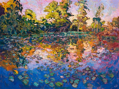 This painting was inspired by the water lily pond at the Norton Simon Museum, a wonderful impressionism museum in Pasadena, California.  This painting captures the beautiful late afternoon light of California, reflected in a tree-sheltered pool of water.  This painting is my tribute to the classic impressionist greats.