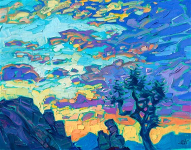 Joshua Tree National Park is captured in luscious colors of sunset blues with coppery undertones. Erin places brush strokes side-by-side, without layering, creating a highly textured mosaic of color across the canvas. 

"Setting Clouds" is an original oil painting on linen board. The piece arrives framed in a black and gold plein air frame.