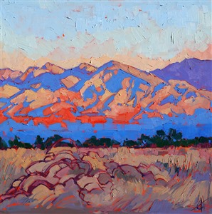The purples and blues of the Borrego Springs mountain ranges seem too beautiful to be real - the artist seeks to create colors on her palette that will capture the mere shadow of the intensity seen in real life.