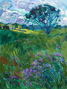 A lone tree stands on a grassy plain covered in spring green grass and purple wildflowers. This petite painting has lots of energy and motion in the impressionistic brush strokes, capturing the beauty of the wide outdoors.

This painting was created on linen board, and it arrives framed and ready to hang.