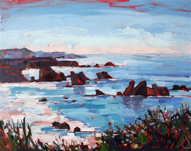 Big Sur coastal oil painting by Erin Hanson, in abstract shapes and light painted in bold, impasto brush strokes.