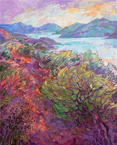 This painting captures coastal waters near Morro Bay, California.  I was drawn to the contrast and patterns of the bushes overlooking the serenity of the reservoir.

This painting has been framed in a hand-gilded, carved floater frame that was designed to complement the colors in this painting.  It will arrived wired and ready to hang.

