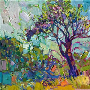 A purple flowering jacaranda tree stands near a grove of springtime green oaks.  The thick brush strokes are alive with motion and color.  This small oil painting has been framed in a classic plein air framed, and it arrives ready to hang.