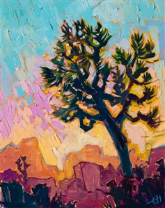 Experience the vivid colors of the desert in this painting of Joshua Tree National Park. The sky is awash in all the colors of sunset, illuminating the granite boulders with touches of pink and rainbow sherbet. The brush strokes are loose and impressionistic, conveying the emotional picture of the desert.

"Joshua Sunset" was created on 1/8" linen board. The piece arrives framed in a gilded plein air frame, ready to hang.