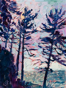Along the very northern tip of Washington, there is a long spit of land that traverses a mile out into the ocean, forming Dungeness Bay. The pine trees growing at the edge of the bluff overlooking the bay area wind-sculpted and alive with character. 

This painting was done on linen board, and it has been framed in a black and gold plein-air frame.