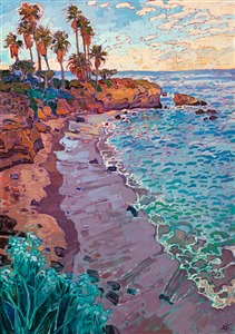 The morning shores of La Jolla Cove sparkle with color in the cool hues of early morning, beckoning you to stroll along the newly wetted sands. The brush strokes are loose and impressionistic, alive with color and motion.

"La Jolla Dawn" was created on 1-1/2" canvas, with the painting continued around the edges. The piece arrives framed in a 23kt contemporary gold floater frame.