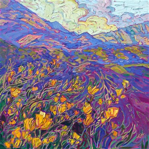 <b>PLEASE NOTE: This painting will be hanging at the Santa Paula Art Museum for Erin's <a href="https://www.erinhansonprints.com/Event/CaliforniaImpressionismatSantaPaulaMuseum" target="_blank"><i>Colors of California</a></i> exhibition. You may purchase this painting online, but the earliest we can ship your painting is July 30th.</b>

Yellow wildflowers bloom in the mountains behind San Luis Obispo. The surrounding landscape is touched with glints of spring green everywhere you look.

"Yellow Blooms" was created on 1-1/2" deep canvas, and the painting arrives framed in a contemporary gold floater frame, ready to hang.