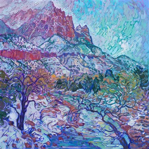 Zion National Park in the winter is a wonderland of pale snow against dark red rock. This oil painting captures the beautiful color contrasts and textures of Zion with thick, impressionistic brush strokes.

<b>Note:
"Winter Zion" is available for pre-purchase and will be included in the <i><a href="https://www.erinhanson.com/Event/SearsArtMuseum" target="_blank">Erin Hanson: Landscapes of the West</a> </i>solo museum exhibition at the Sears Art Museum in St. George, Utah. This museum exhibition, located at the gateway to Zion National Park, will showcase Erin Hanson's largest collection of Western landscape paintings, including paintings of Zion, Bryce, Arches, Cedar Breaks, Arizona, and other Western inspirations. The show will be displayed from June 7 to August 23, 2024.

You may purchase this painting online, but the artwork will not ship after the exhibition closes on August 23, 2024.</b>
<p>