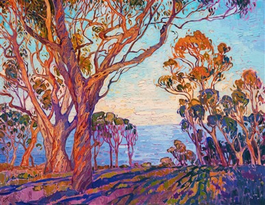 The view from the high hills of La Jolla is most beautiful in the early dawn, when the eucalyptus trees are colored in buttery hues of pink and orange, and the shadows stretch softly across the earth. This peaceful scene was inspired by an early morning walk near the university campus in La Jolla, California.

"Eucalyptus Vista" was created on 1-1/2" canvas, with the painting continued around the edges of the canvas. The piece arrives framed in a 23kt gold leaf floating frame.