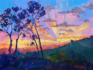 Los Angeles has moments of beauty like this, changing light that suddenly hits just right, creating a rainbow prism of color. This painting was inspired by a drive up the 134 freeway at sunset.