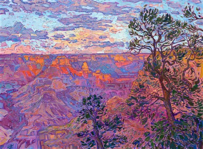 The recognizably rainbow hues of the Grand Canyon pop from the canvas in this oil painting by American impressionist Erin Hanson. The thickly-laden brush strokes create rhythms of texture across the desert landscape. This piece was created in Hanson's signature Open Impressionism technique, with a hint of van Gogh and a dash of plein air style.

"Amethyst Light" is an original oil painting created on stretched canvas. The piece arrives framed in a contemporary gold floater frame, ready to hang.
