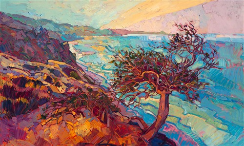 Torrey Pines is captured in bold, abstracted strokes of thickly applied oil paint, the colors alive and vivid, bringing to life the early morning saturated light that can only been seen along the California coast.  This modern impressionist painting forms a mosaic of color and texture across the canvas.

This painting was created on gallery-depth canvas, with the painting continued around the edges of the canvas, creating a modern wrapped look.  This painting can be hung without a frame if desired.