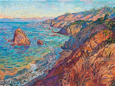 The coastline near Mendocino is some of the most beautiful along the California coast. The colors of the seaside cliffs are rich and warm, casting cool shadows into the waters below. Loose brush strokes and thickly applied paint capture the scene in a painterly, impressionistic style.

This painting was created on 1-1/2" canvas, with the painting continued around the edges of the canvas. The piece has been framed in a gold floater frame and arrives ready to hang.