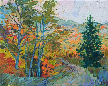 The White Mountains of New Hampshire were a stunning revelation of color and light.  I loved watching the sun rise over the mountains, each new minute illuminating a new layer of foliage. The brush strokes in this painting are loose and expressive, capturing the beauty of the outdoors.