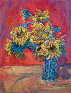 A bundle of sunflowers forms abstract shapes against a red cloth backdrop. The vibrant colors of the flowers are captured in thickly applied, impressionistic brushstrokes. "Sunflowers II" was created on 1-1/2" canvas and arrives framed in a custom-made, gold floating frame.