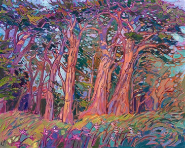 Ancient cypress trees grow along the coast of Mendocino and Elk, reveling in the foggy humidity. A patch of naked ladies, blooming even in October, give a splash of pink in the foreground. The delicately curving branches of these California cypress trees are captured with thick, impasto brush strokes, in Hanson's iconic Open Impressionism style.