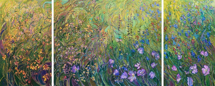 Inspired by years of photographing wildflower blooms in Texas hill country, this painting captures the amazing variety of color you can find in springtime.  From brown-eyed Susans and Indian paintbrushes to bluebonnets and evening primroses, this painting captures the full medley of spring color with expressive, impressionistic brush strokes.

This is a triptych painting, meaning it was created on three separate canvases, each 1-1/2" deep.  The painting is continued around the edges of the canvas, for a 3-dimensional effect.  The painting is designed to hang on the wall without framing.
