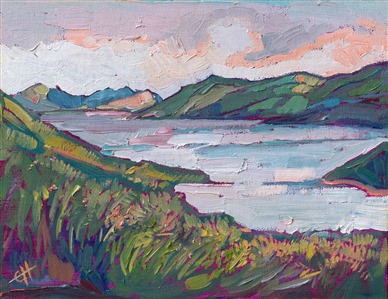This petite painting captures a lake near Paso Robles and Cambria called Whale Rock Reservoir. The classic California hills surrounding the lake are lush and green in the springtime.

"Whale Rock Reservoir" is an original oil painting on canvas board. The piece arrives framed in a black and gold plein air frame. This piece from 2013 is being sold on consignment.