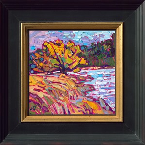 This miniature painting captures the beauty of the northwest in summer: golden fields of sun-burnt grass against dark evergreen mountains, with a river reflecting the bright blue sky running between.

"River Run" is an original oil painting on linen board. The piece arrives framed in a mock floater frame in black and gold.
