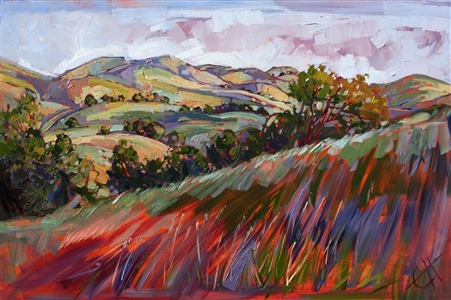 Rolling rainbow hills of central California, painted in a loose impressionist style.