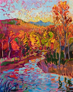 This petite canvas captures all the majesty of the White Mountains with minimal brush strokes and vivid, impressionistic color. The reflected blues are a beautiful contrast to the warm hues of autumn.

"Autumn Reflections" was created on fine linen board. The painting arrives framed in a hand-carved and gilded plein air frame.