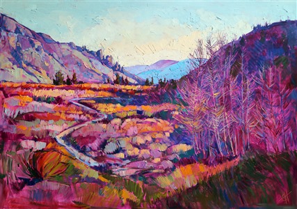 Backpacking in the eastern Sierras, Hanson found the ragged mountains, winter colors, and long shadows an endless source of inspiration!  The painting is full of loose, impressionistic brush strokes, capturing the fleeting late afternoon color of the high Sierras.

This painting was created on 2" museum-depth canvas, with the painting continued around the edges of the stretched canvas. It arrives ready to hang without a frame. (Please contact the artist if you would like information on framing options for this painting.)

Featured on Saatchi Art's Best of 2015.  