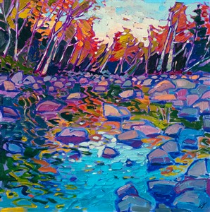 This petite painting of the east coast draws you into a little vignette of peaceful color. You can almost hear the softly bubbling brook and the wind shuffling through the maple leaves.

"River Reflections" was created on linen board. The piece arrives framed in a gold plein air frame, ready to hang. 
