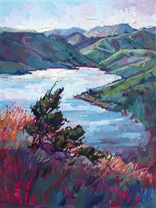 California coastal oil painting by Erin Hanson, in impressionistic shapes and colors painted in bold, impasto brush strokes. This inlet of water was found by driving the winding roads between Paso Robles and Cambria.